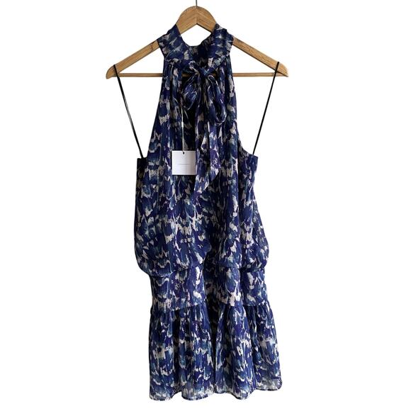 Lavender Brown Metallic Shimmer Neck Tie Halter Mini Dress Navy Multi S - Picture 7 of 13